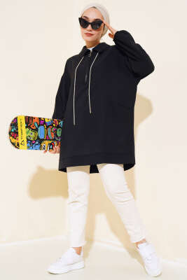 Yarım Fermuarlı Cepli Tunik Siyah - Thumbnail