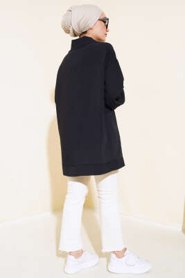 Yarım Fermuarlı Cepli Tunik Siyah - Thumbnail