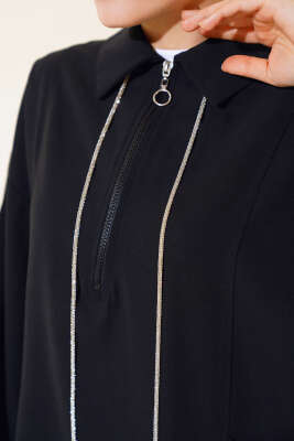 Yarım Fermuarlı Cepli Tunik Siyah - Thumbnail