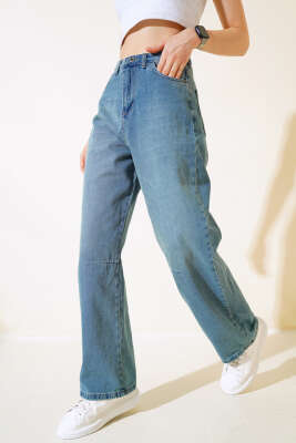 Baggy Arka Tokalı Kot Pantolon Yeşil Tint - Thumbnail