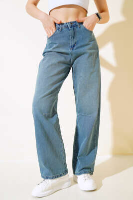 Baggy Arka Tokalı Kot Pantolon Yeşil Tint - Thumbnail