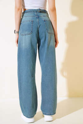 Baggy Arka Tokalı Kot Pantolon Yeşil Tint - Thumbnail