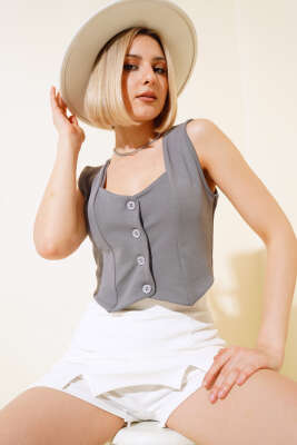 Düğmeli Kruvaze Yelek Gri - Thumbnail