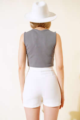 Düğmeli Kruvaze Yelek Gri - Thumbnail