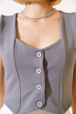Düğmeli Kruvaze Yelek Gri - Thumbnail