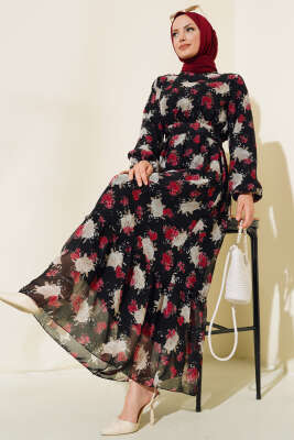 Şifon Bel Lastikli Elbise Siyah - Thumbnail