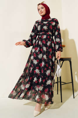 Şifon Bel Lastikli Elbise Siyah - Thumbnail