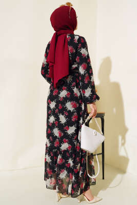 Şifon Bel Lastikli Elbise Siyah - Thumbnail