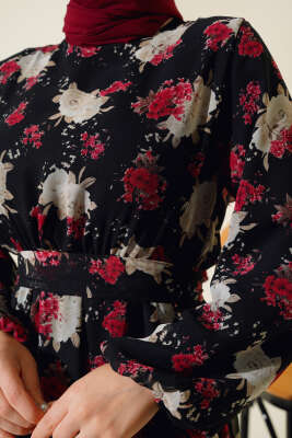 Şifon Bel Lastikli Elbise Siyah - Thumbnail