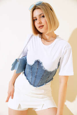 Pazarium - Kot Garnili T-shirt Beyaz