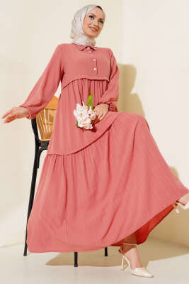 Gömlek Yaka Yarım Düğmeli Elbise Gül Kurusu - Thumbnail