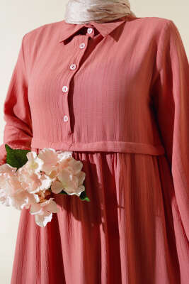 Gömlek Yaka Yarım Düğmeli Elbise Gül Kurusu - Thumbnail