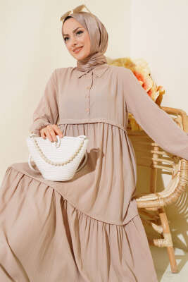 Gömlek Yaka Yarım Düğmeli Elbise Bej - Thumbnail