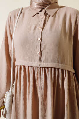 Gömlek Yaka Yarım Düğmeli Elbise Bej - Thumbnail