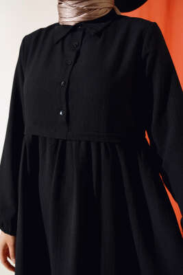 Gömlek Yaka Yarım Düğmeli Elbise Siyah - Thumbnail