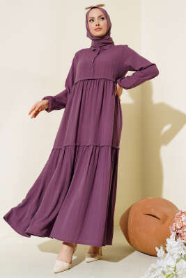 Gömlek Yaka Yarım Düğmeli Elbise Mürdüm - Thumbnail