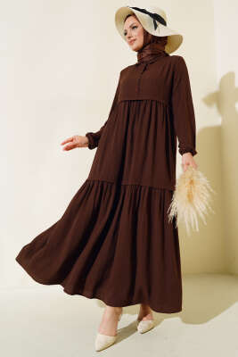 Gömlek Yaka Yarım Düğmeli Elbise Kahve - Thumbnail