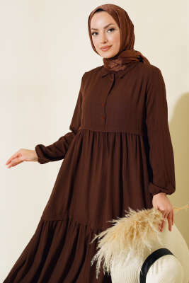Gömlek Yaka Yarım Düğmeli Elbise Kahve - Thumbnail