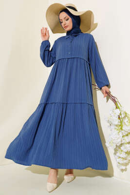 Gömlek Yaka Yarım Düğmeli Elbise İndigo - Thumbnail