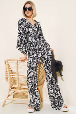 Pazarium - Desenli V Yaka Crop İkili Takım Siyah