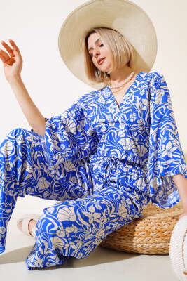 Pazarium - Desenli V Yaka Crop İkili Takım Saks