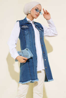 Cep Taşlı Kot Yelek Kot Mavisi - Thumbnail