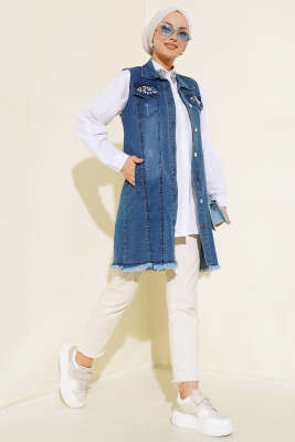 Cep Taşlı Kot Yelek Kot Mavisi - Thumbnail