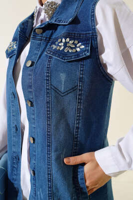 Cep Taşlı Kot Yelek Kot Mavisi - Thumbnail