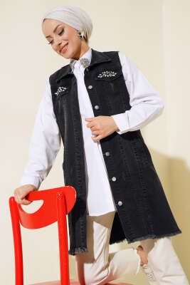 Cep Taşlı Kot Yelek Füme - Thumbnail