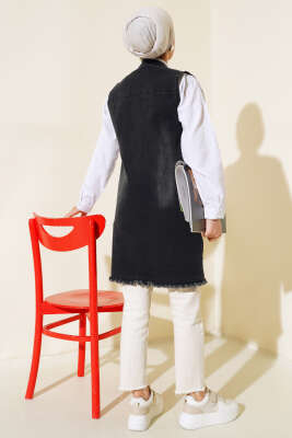 Cep Taşlı Kot Yelek Füme - Thumbnail