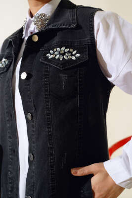 Cep Taşlı Kot Yelek Füme - Thumbnail