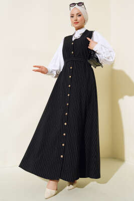 Önü Boydan Düğmeli Çizgili Jile Elbise Siyah - Thumbnail