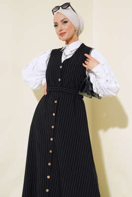 Önü Boydan Düğmeli Çizgili Jile Elbise Siyah - Thumbnail