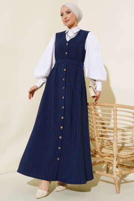Önü Boydan Düğmeli Çizgili Jile Elbise Lacivert - Thumbnail