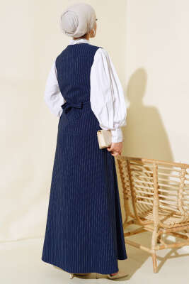 Önü Boydan Düğmeli Çizgili Jile Elbise Lacivert - Thumbnail