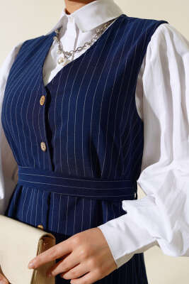 Önü Boydan Düğmeli Çizgili Jile Elbise Lacivert - Thumbnail