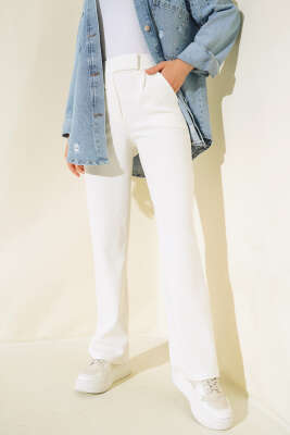 Cırtcırtlı Tek Pile Pantolon Ekru - Thumbnail