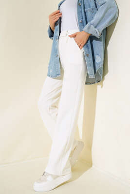 Cırtcırtlı Tek Pile Pantolon Ekru - Thumbnail