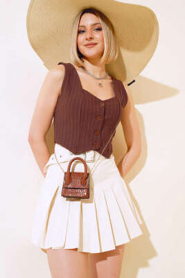 İnce Çizgili Kısa Yelek Kahve - Thumbnail