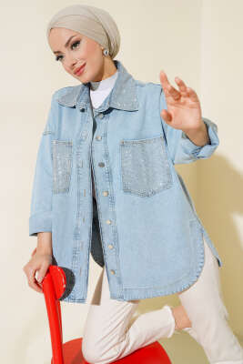 Pazarium - Cep ve Yaka Taş Detaylı Kot Ceket Mavi