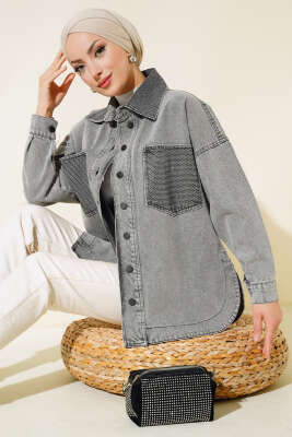 Pazarium - Cep ve Yaka Taş Detaylı Kot Ceket Gri
