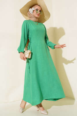 Pazarium - Yanları Bağlamalı Keten Elbise Yeşil