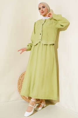 Pazarium - Cepli Metal Düğmeli Etekli İkili Takım Yeşil