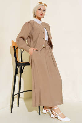 Pazarium - Cepli Metal Düğmeli Etekli İkili Takım Vizon