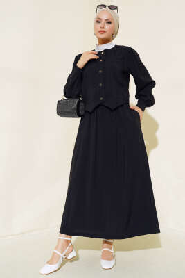 Pazarium - Cepli Metal Düğmeli Etekli İkili Takım Siyah