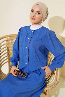 Pazarium - Cepli Metal Düğmeli Etekli İkili Takım Indıgo