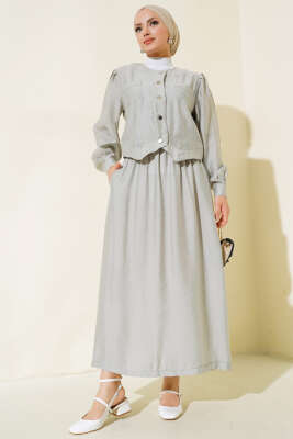 Pazarium - Cepli Metal Düğmeli Etekli İkili Takım Gri