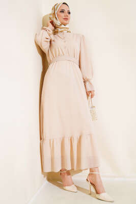 Pazarium - Bel Lastikli Kendinden Desenli Elbise Bej