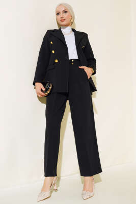 Cep Kapaklı Kruvaze Yaka Ceket Takımı Siyah - Thumbnail
