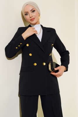 Cep Kapaklı Kruvaze Yaka Ceket Takımı Siyah - Thumbnail